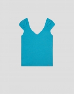 Camiseta hombro fruncido azul turquesa