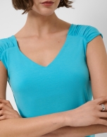 Turquoise blue t-shirt with gathered shoulder