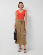 Coral red t-shirt with gathered shoulder