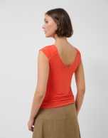 Coral red t-shirt with gathered shoulder