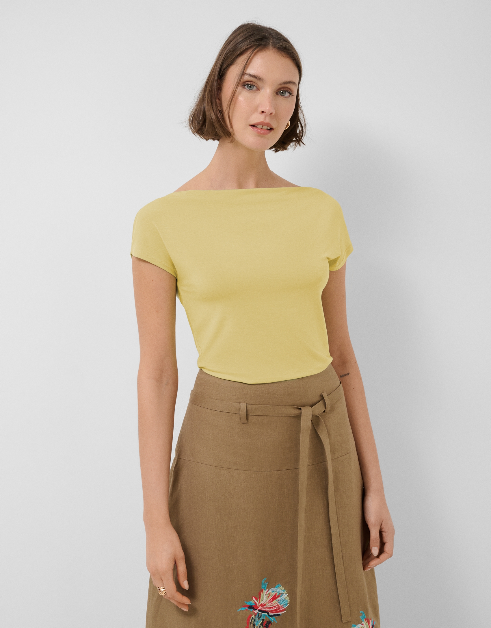 Yellow draped neckline T-shirt