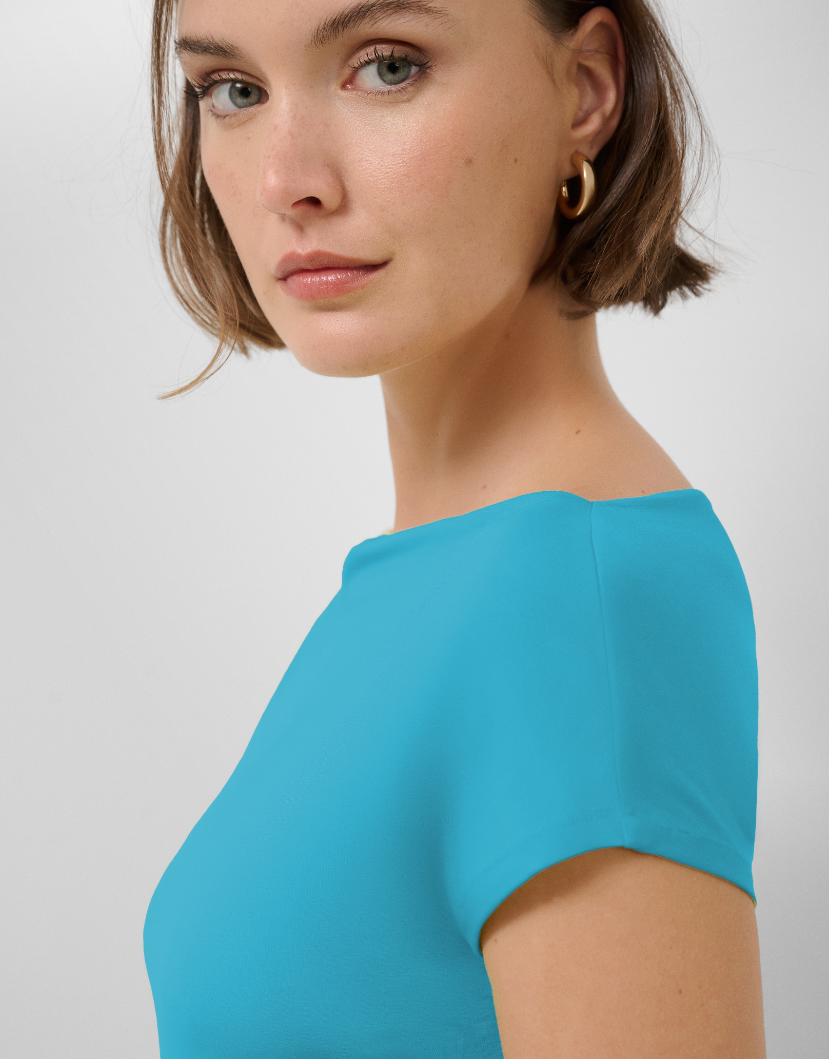 Turquoise blue draped neckline T-shirt