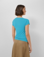 Turquoise blue draped neckline T-shirt