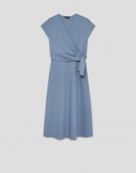 Blue sleeveless wrap midi dress