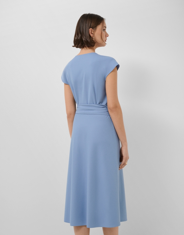Blue sleeveless wrap midi dress