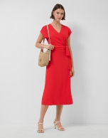 Red knit sleeveless wrap midi dress