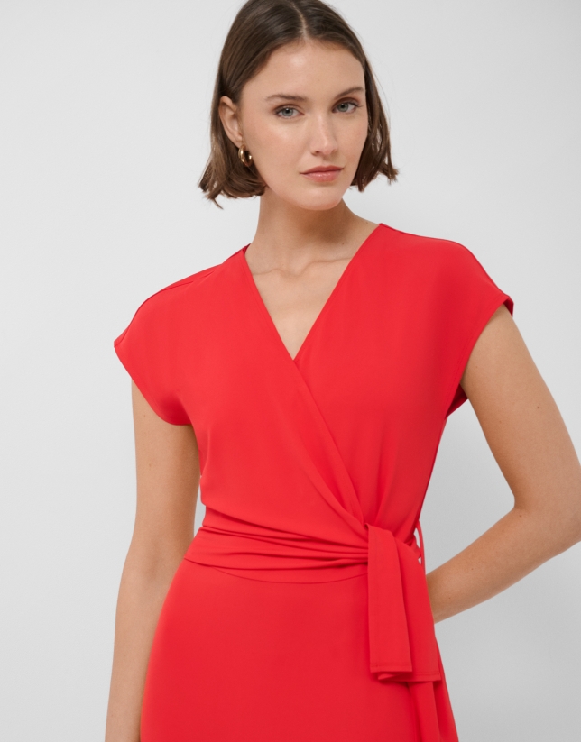 Red knit sleeveless wrap midi dress