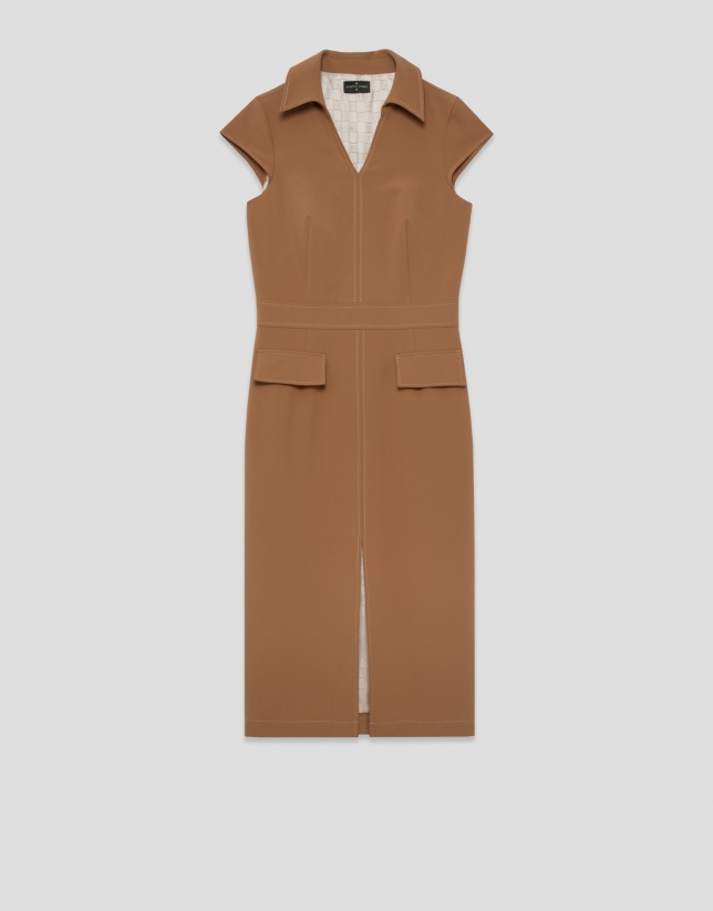 Sleeveless camel dress with V-neck
