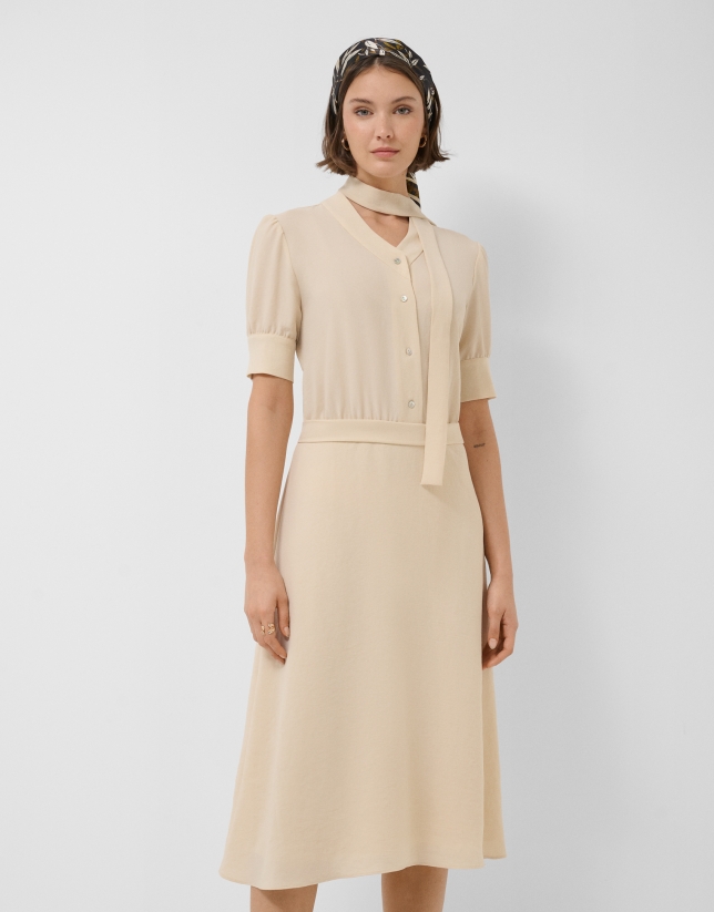 Beige three-quarter sleeve midi dress