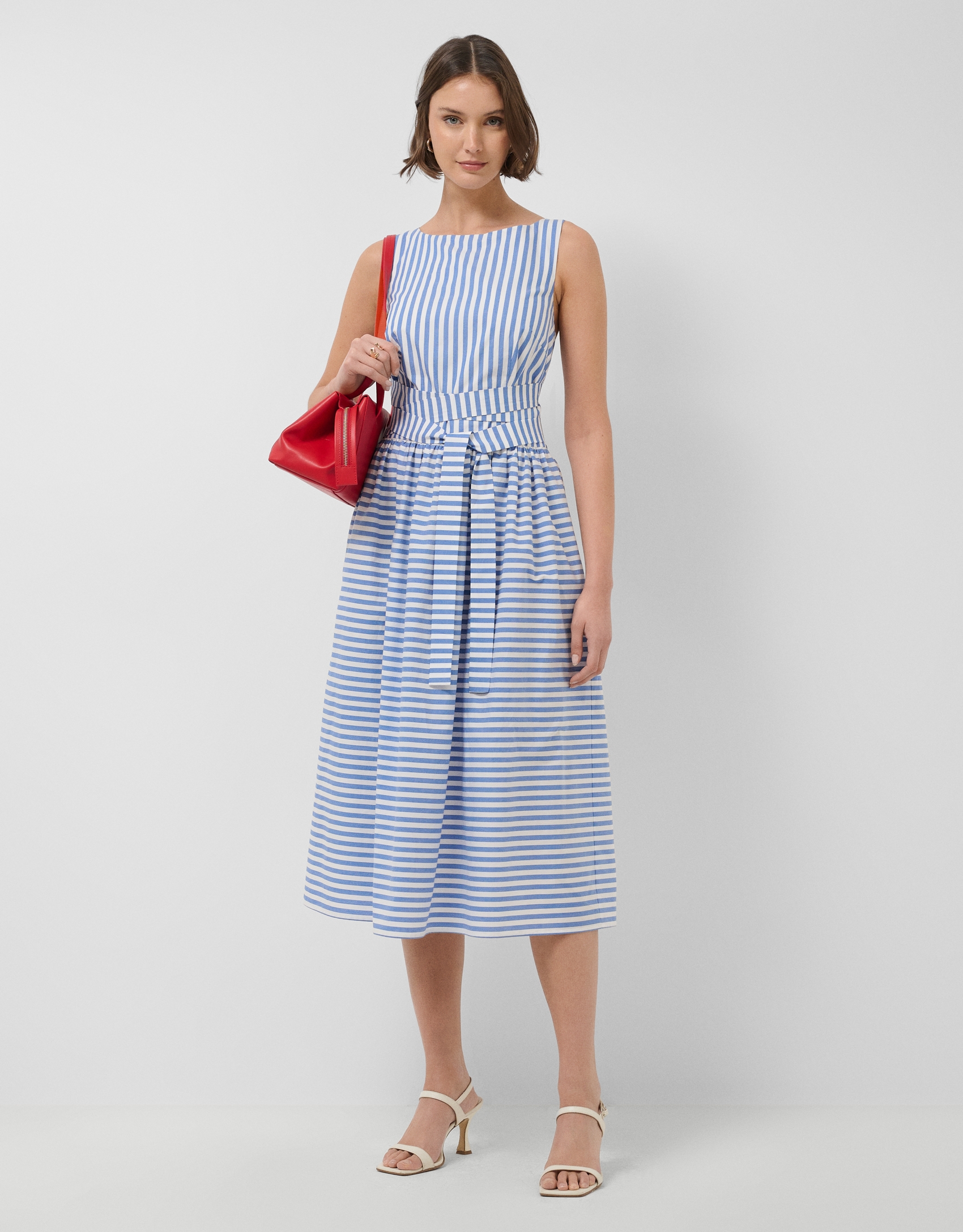 White cotton cross-strap dress with blue stripes