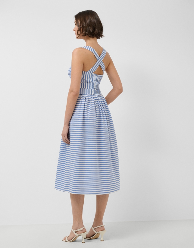 Vestido tirante cruzado algod&oacute;n blanco con listas azules