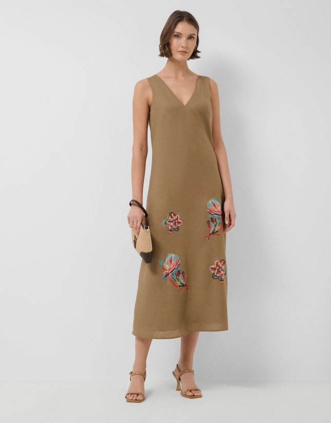 Camel linen sleeveless dress with floral embroidery