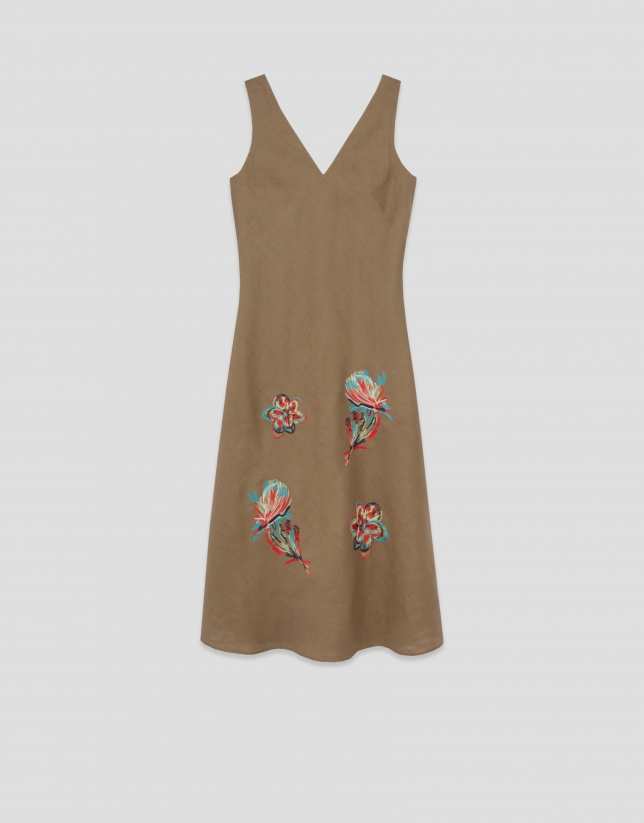 Camel linen sleeveless dress with floral embroidery