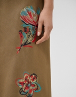 Camel linen sleeveless dress with floral embroidery
