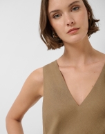 Camel linen sleeveless dress with floral embroidery