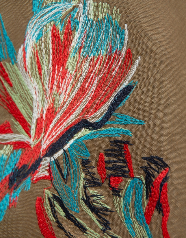 Camel linen sleeveless dress with floral embroidery