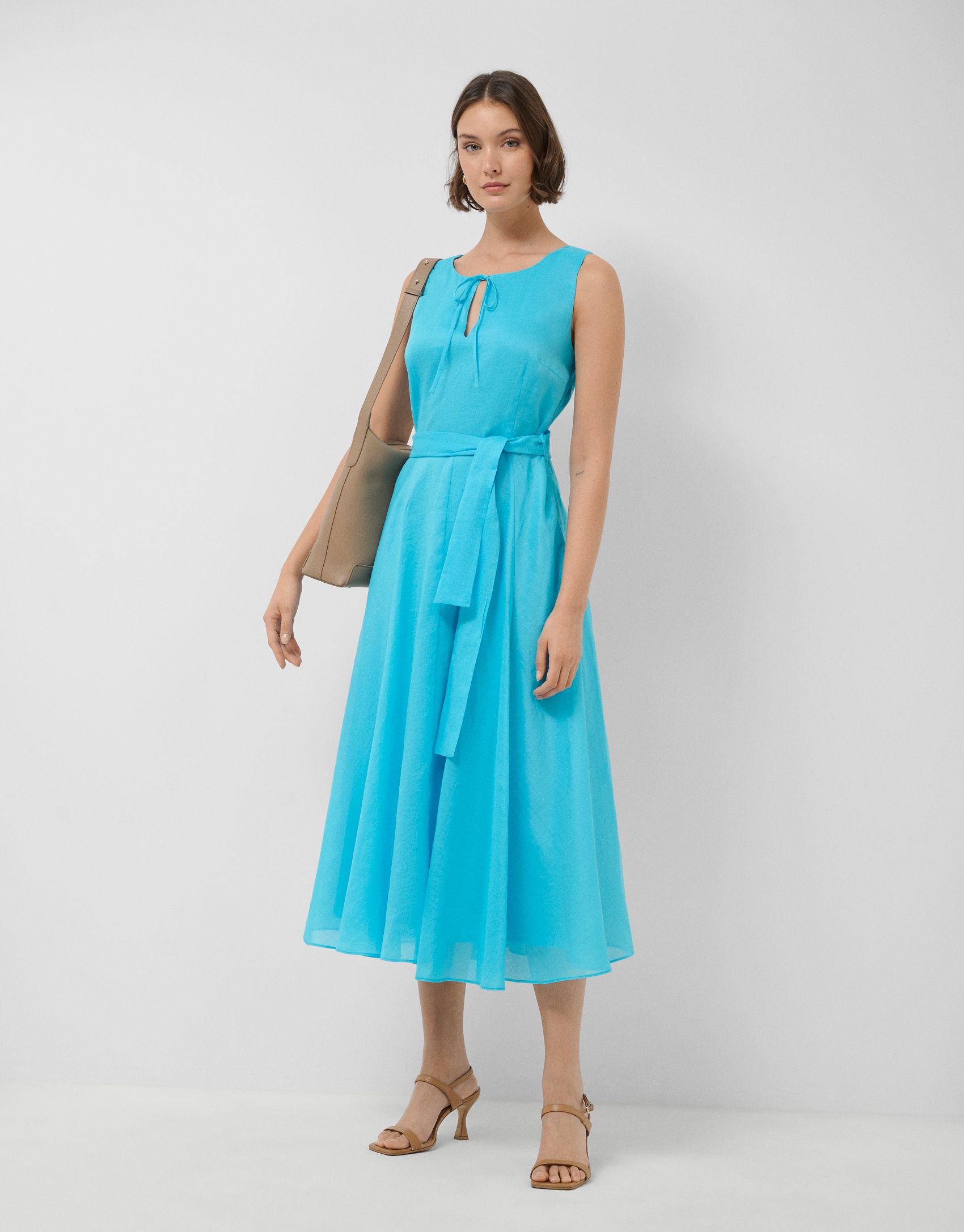 Turquoise blue ramie sleeveless midi dress