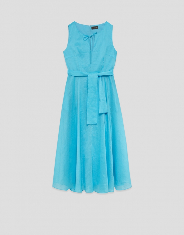 Turquoise blue ramie sleeveless midi dress
