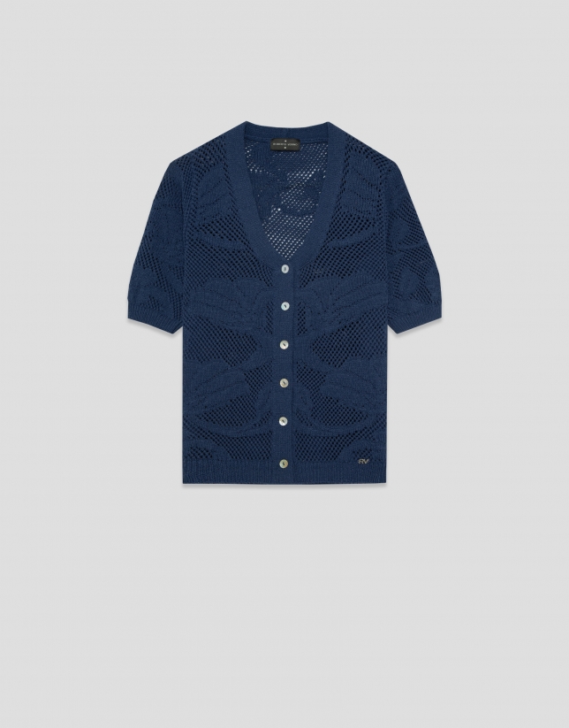 Short-sleeved jacket with navy blue floral cut-outs