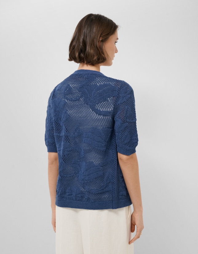 Chaqueta manga corta con calados florales azul marino