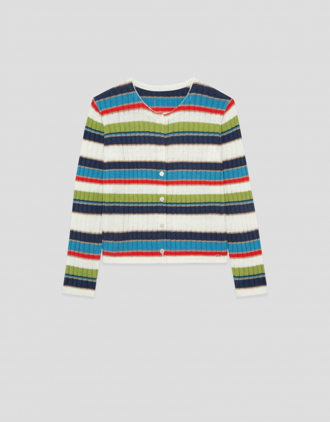 Multicoloured horizontal striped knit cardigan