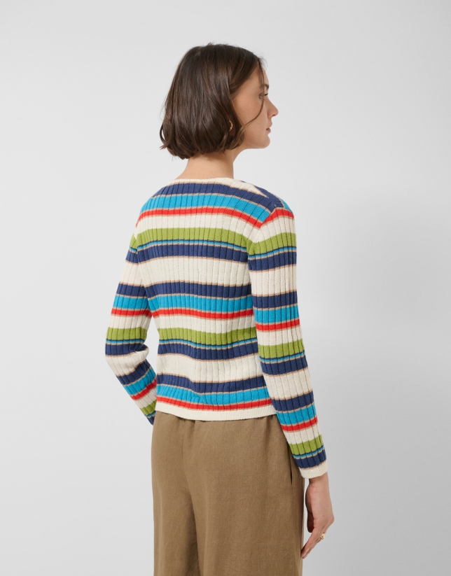 Multicoloured horizontal striped knit cardigan