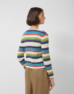 Multicoloured horizontal striped knit cardigan