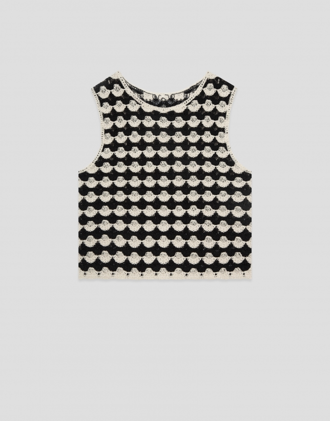 Beige and black mosaic knit crop top