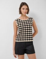 Beige and black mosaic knit crop top