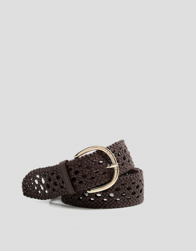 Hand-braided leather belt with brown cut-outs
