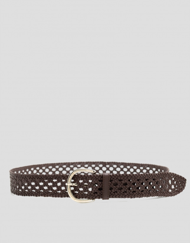 Hand-braided leather belt with brown cut-outs
