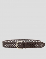 Hand-braided leather belt with brown cut-outs