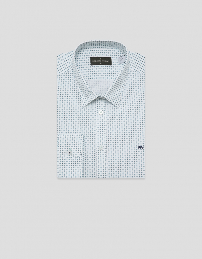 Camisa sport regular fit estampado geom&eacute;trico flores verdes