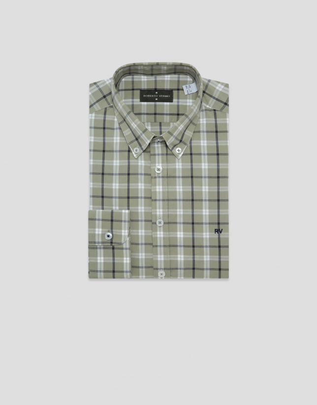 Regular fit khaki checked shirt with navy and white trim