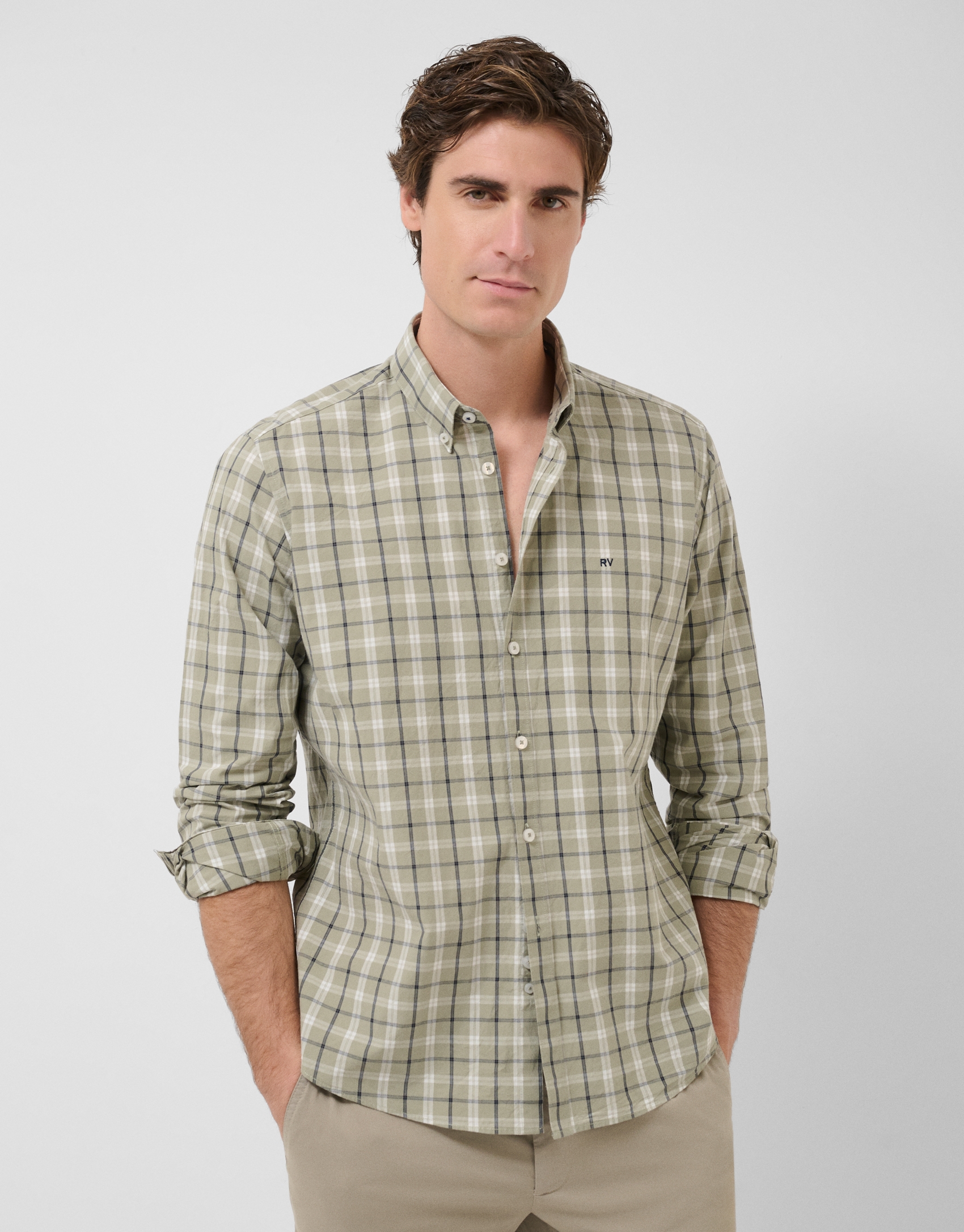 Regular fit khaki checked shirt with navy and white trim