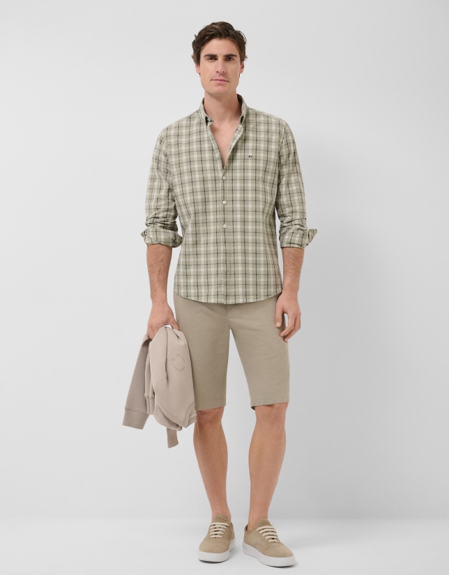 Regular fit khaki checked shirt with navy and white trim