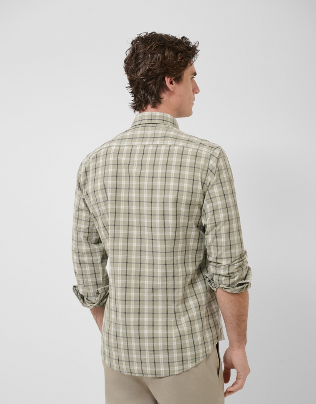 Regular fit khaki checked shirt with navy and white trim