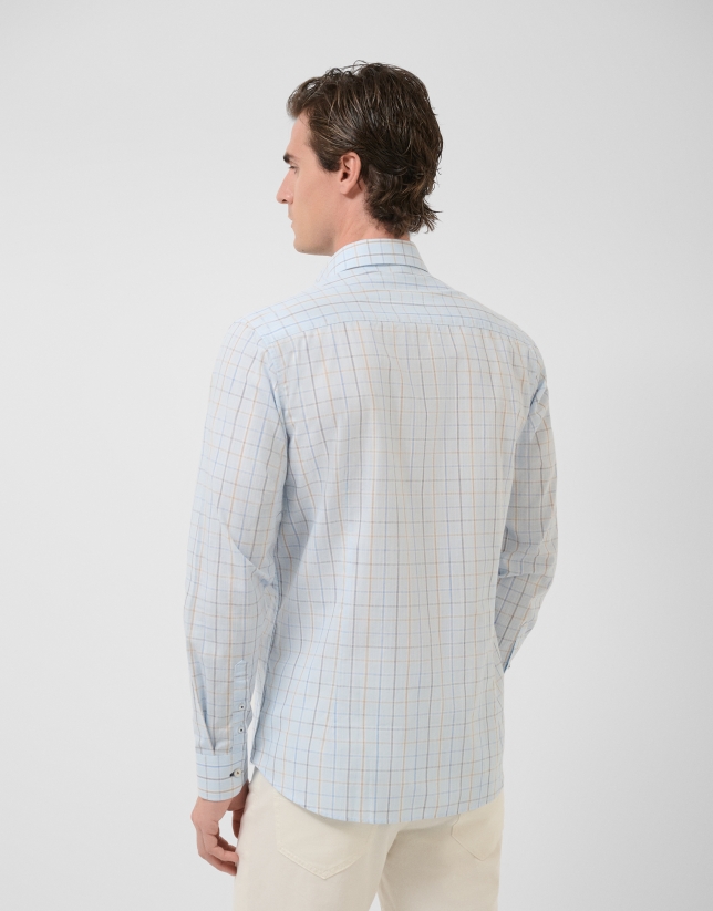 Regular fit light blue checked shirt with blue/taupe trim