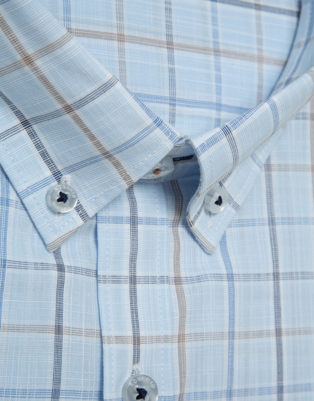 Camisa sport regular cuadros celestes con perfiles azules/tostado
