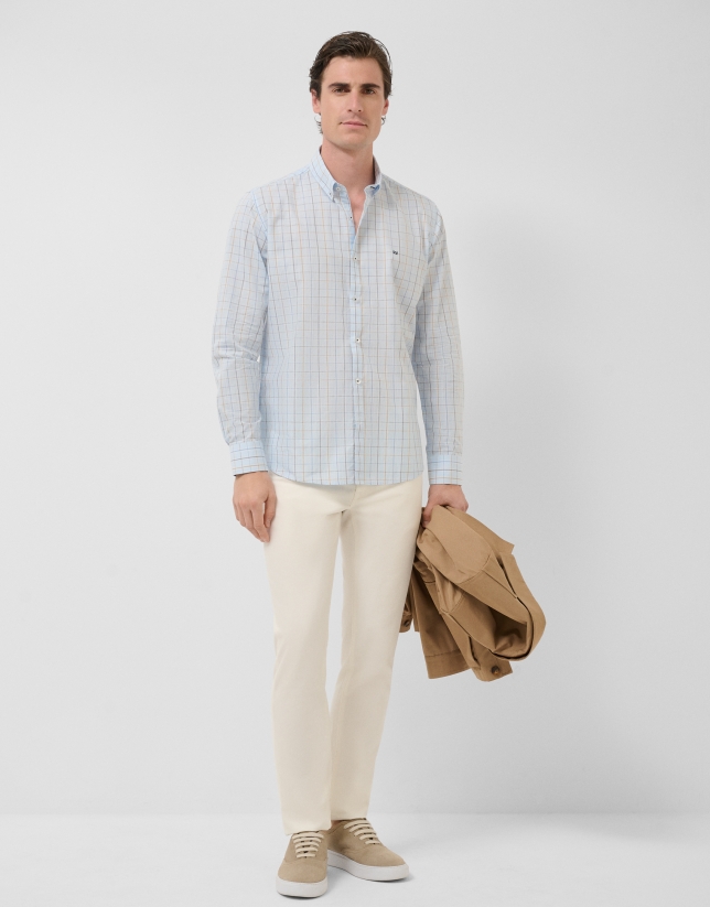Camisa sport regular cuadros celestes con perfiles azules/tostado