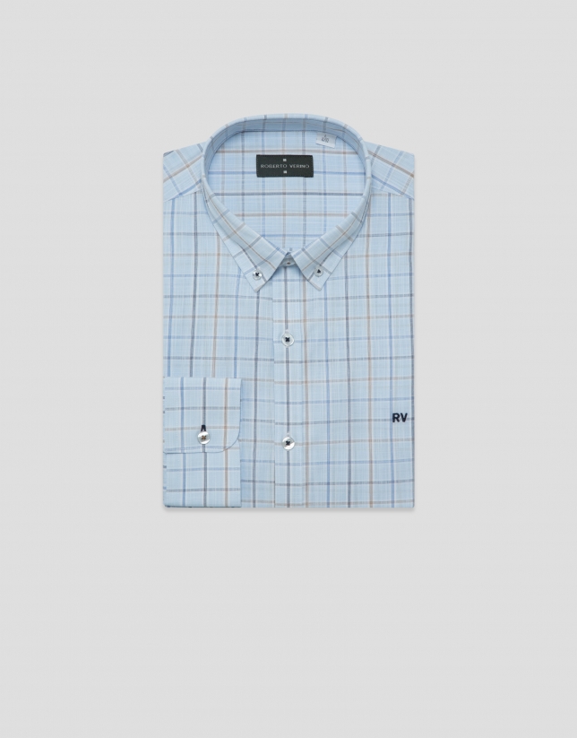Camisa sport regular cuadros celestes con perfiles azules/tostado