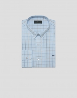 Camisa sport regular cuadros celestes con perfiles azules/tostado
