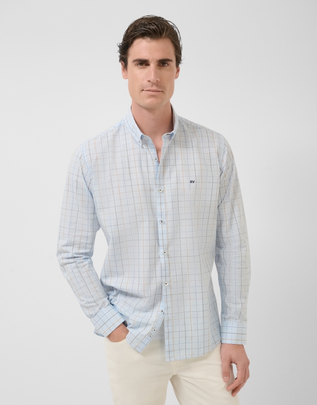 Camisa sport regular cuadros celestes con perfiles azules/tostado