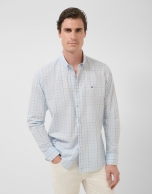 Regular fit light blue checked shirt with blue/taupe trim