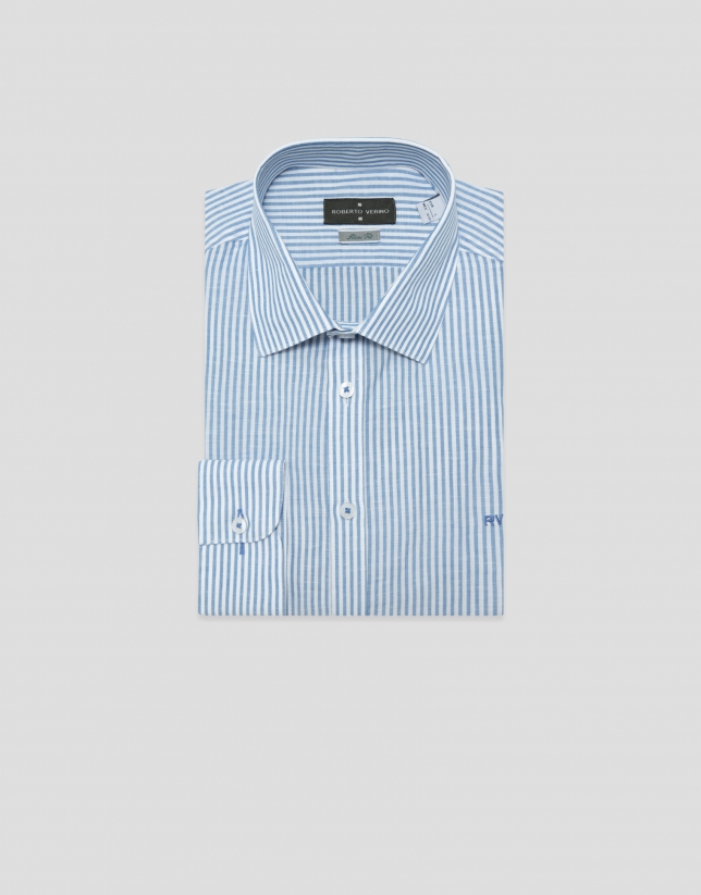Camisa sport slim fit rayas celeste y blanco