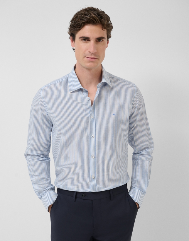 Slim fit sports shirt with sky blue and white stripes