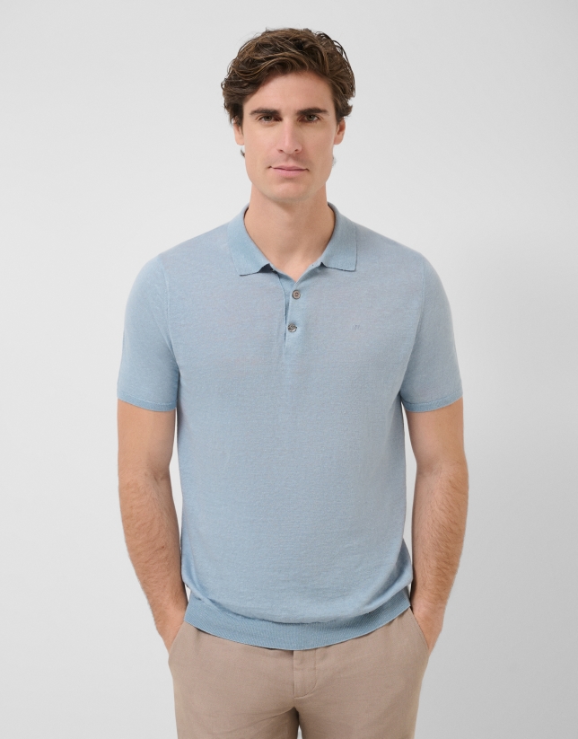 Light blue linen knitted polo shirt