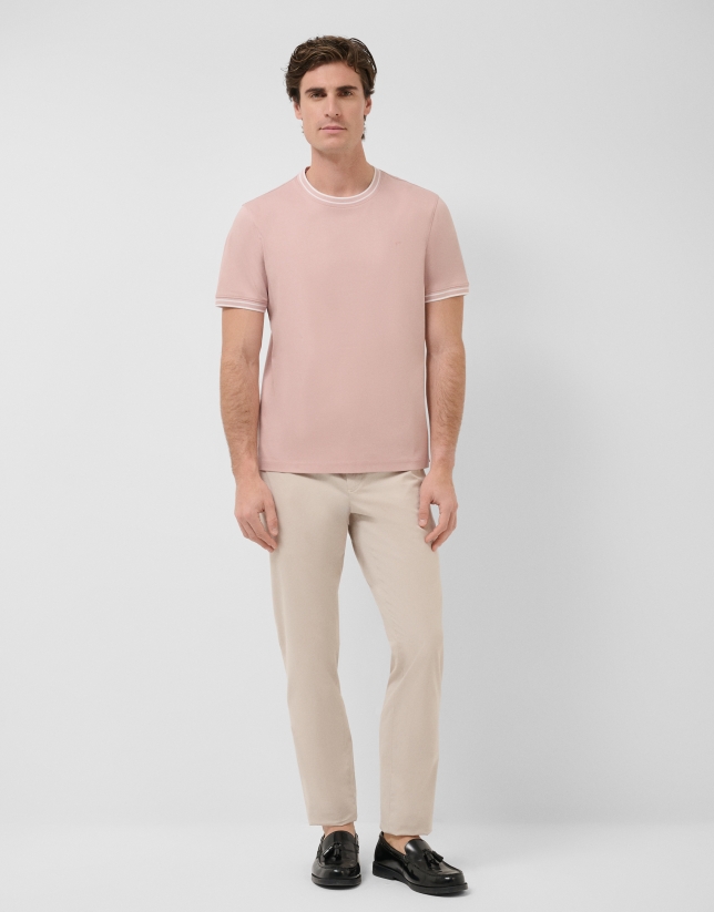 Camiseta manga corta mercerizado rosa rib blanco