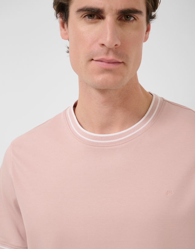 Camiseta manga corta mercerizado rosa rib blanco