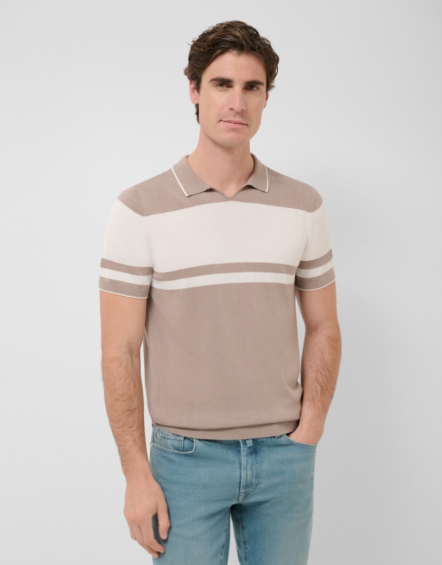 Mink blue/white striped knitted polo shirt